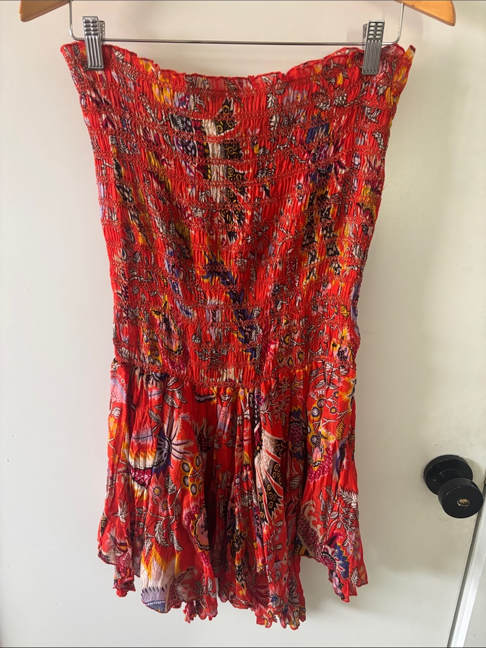 Free People Strapless Red Floral-Paisley Smocked Mini Dress
